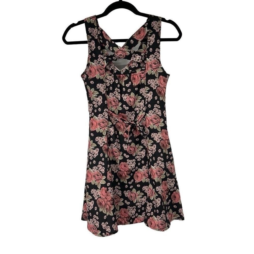 Band of Gypsies Black Pink Floral 90s Style Mini Dress‎ XS Womens